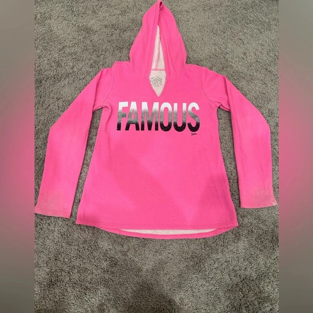 Justice Pink Famous Hooded Long Sleeve Top Y2K Barbiecore Logo Girls 12